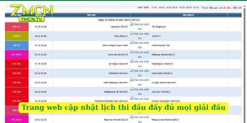 Trang web cập nhật lịch thi đấu đầy đủ mọi giải đấu